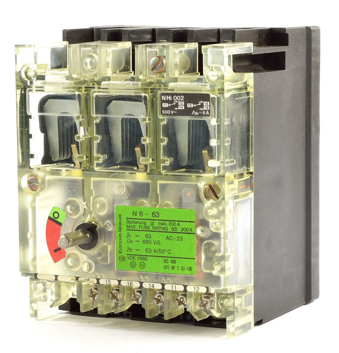 Moeller N6-63 + NHI002 Leistungstrenner Hauptschalter 3 polig 63A vorderseitige Schaltachse