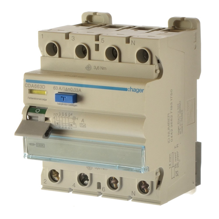 Hager CDA625D FI-Schalter 4P 10kA 25A 30mA 162063